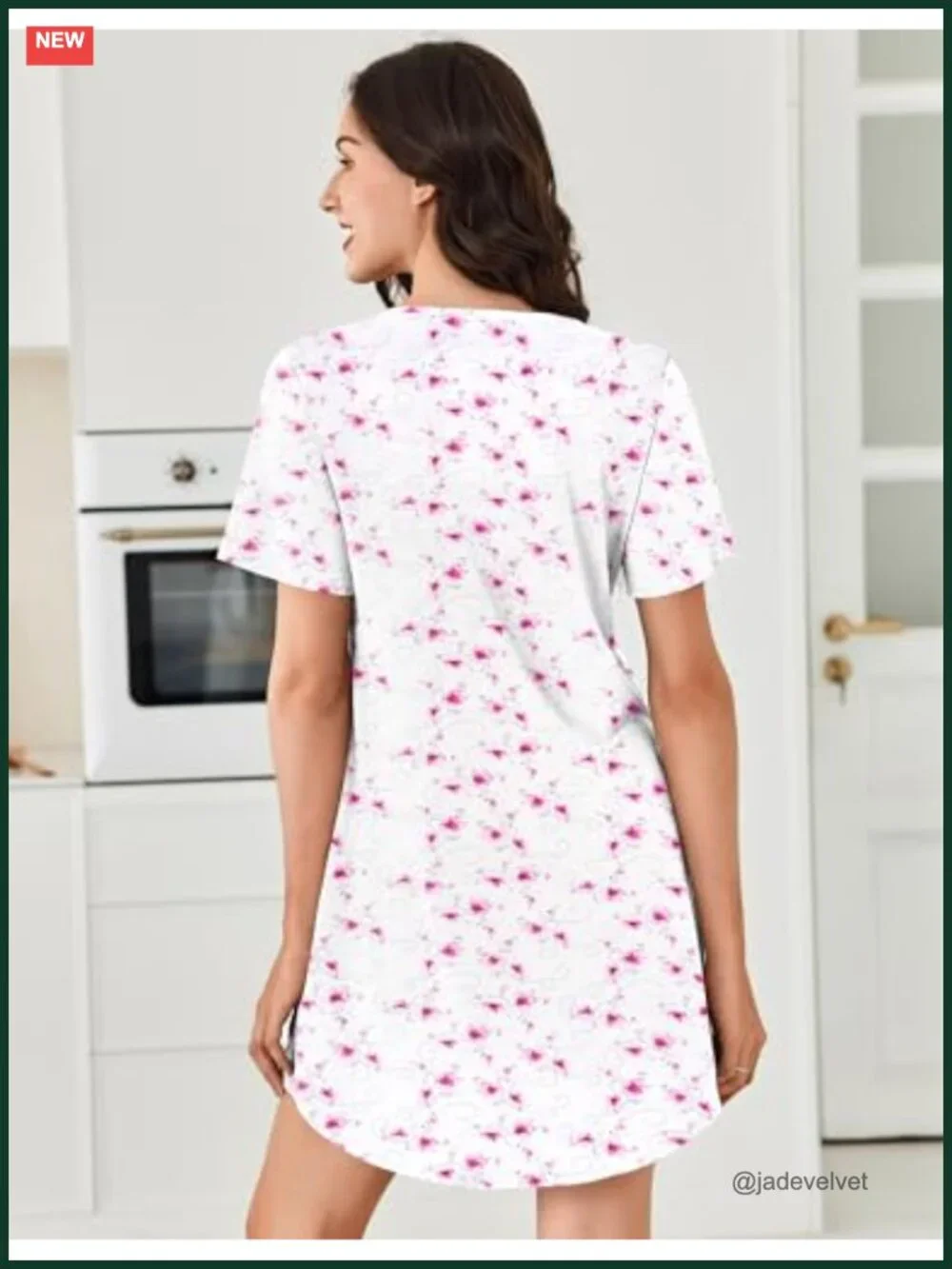Women's Cotton Nightgown Pleated Henley V-Neck Sleepshirt Short Sleeve